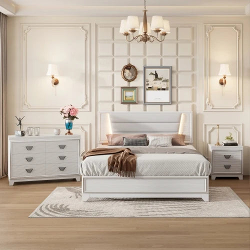 3 Piece Bedroom Set Upholstered Bed With Nightstands Dresser Led