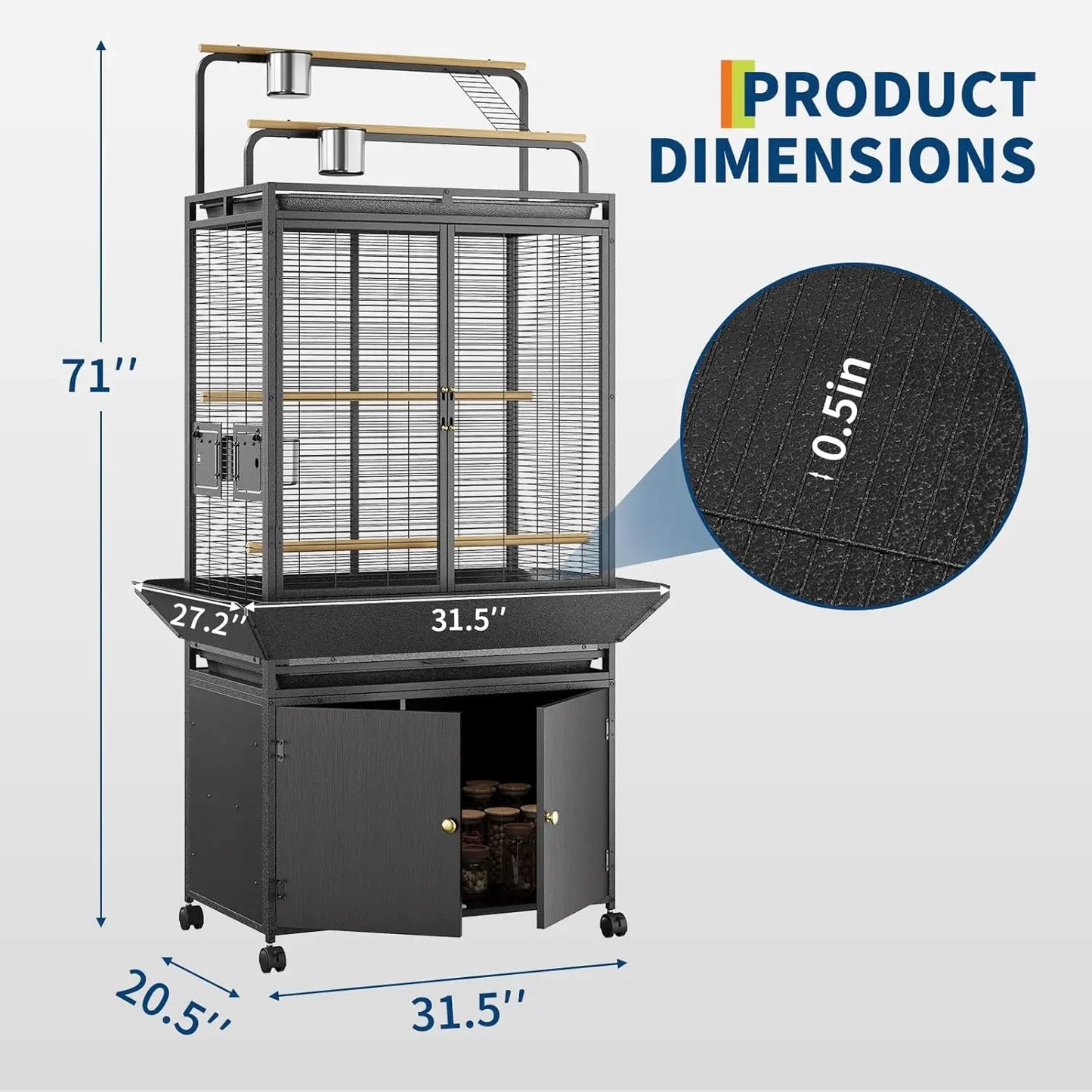 HiMISS Large Bird Cage With Rolling Stand And Storage