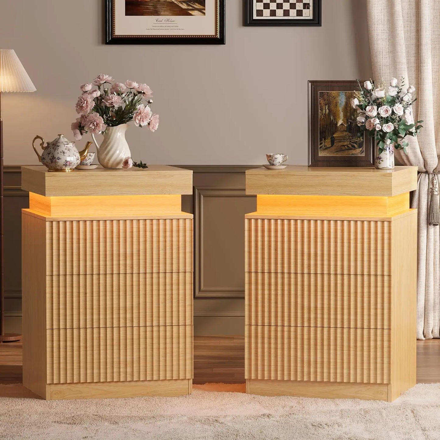 Nightstands 2-Pack with LED Charging Station, Mid Century Modern