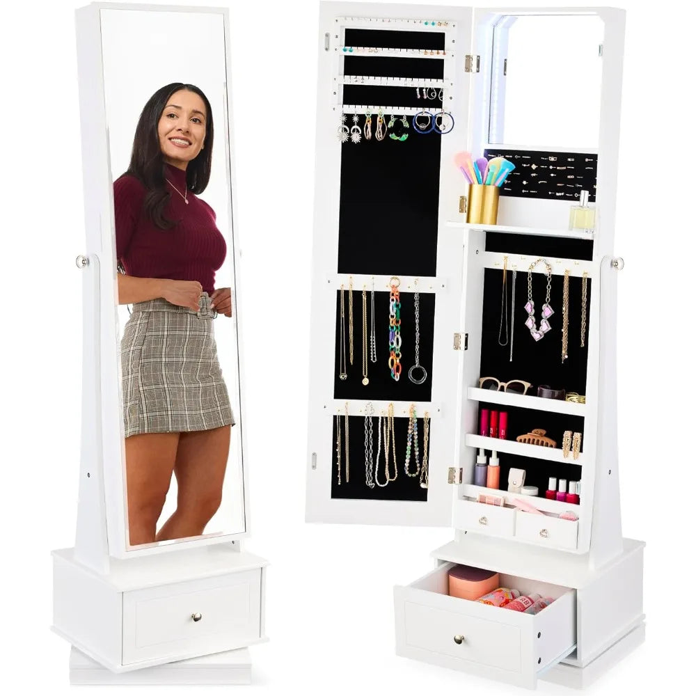 360 Swivel Mirrored Jewelry Cabinet Armoire With LED Mirror