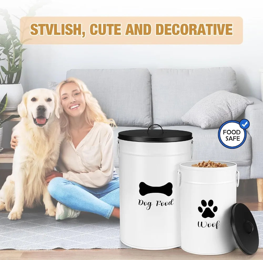 Metal Dog Food Storage Containers Set of 2 With Airtight Lids and Scoops