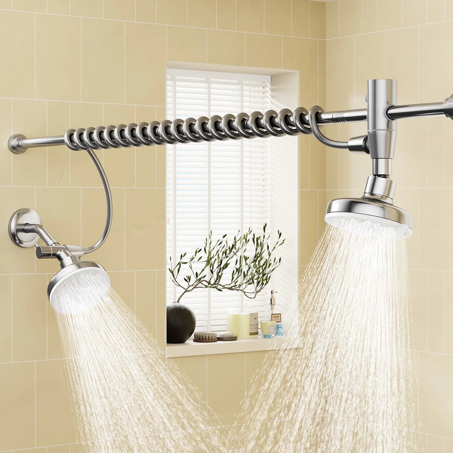 Tandem Dual Shower Head For Couples With Adjustable Slider High Pressure