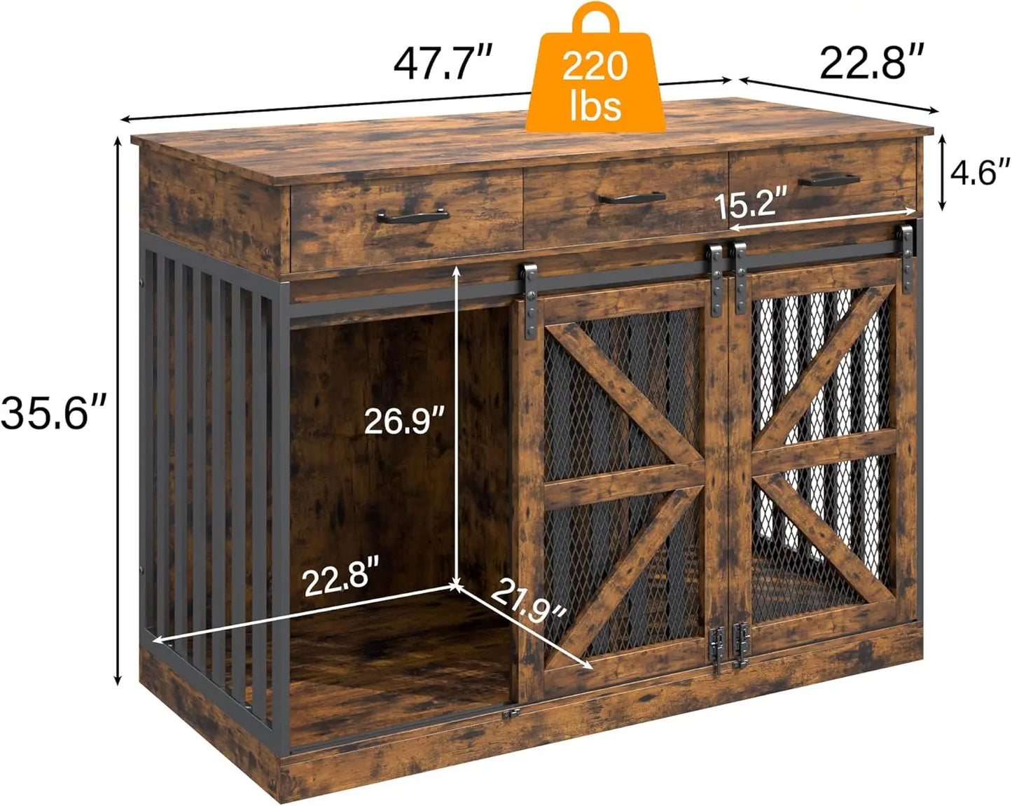 Kepptory 2-In-1 Convertible Wooden Dog Crate With Divider And 3-Drawer