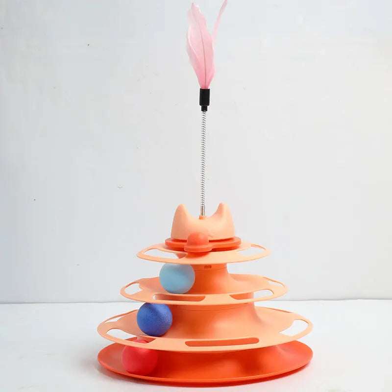 Interactive Cat Toy Tower Kitten Turntable Track Roller Balls With Feather