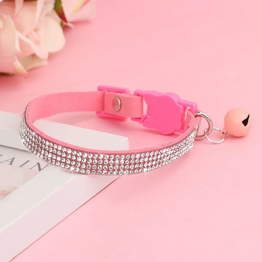 Soft Suede Cat Collar With Rhinestones And Bell Breakaway Adjustable