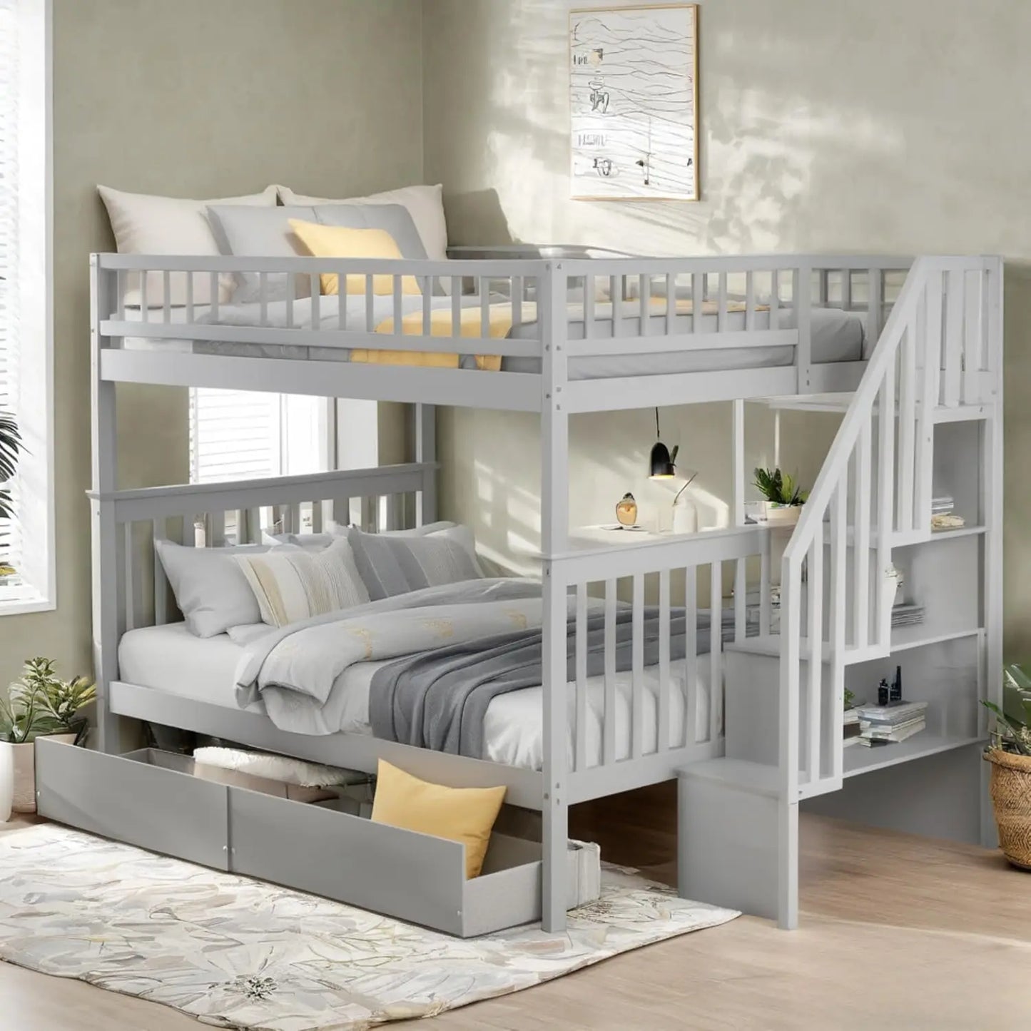 Bunk Bed With Drawers Stairs For Kids Shelves Wood Frame