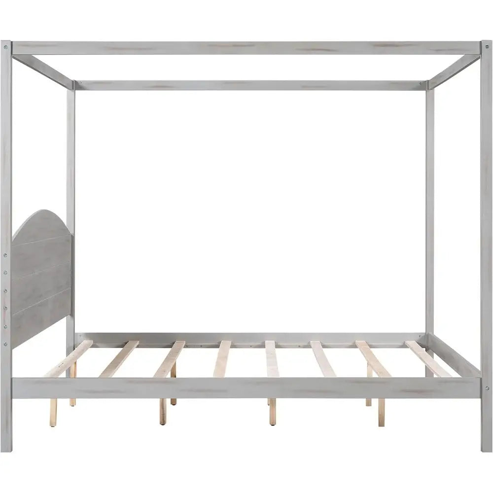 Wood Canopy Bed With Solid Headboard And Four Poster Posts