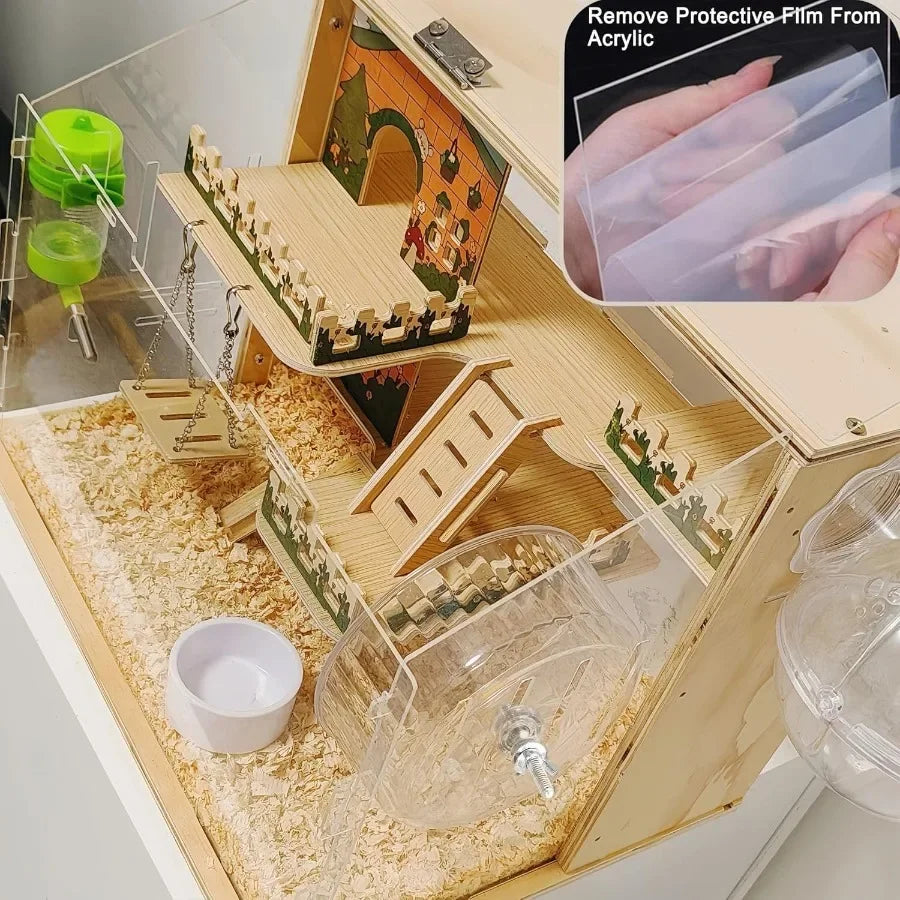 NONECN Wooden Hamster Cage With Accessories Pastoral Style Multi Level