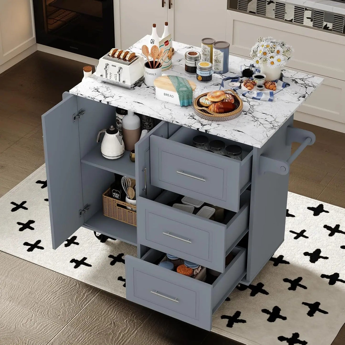 Portable Kitchen Island With Storage And Spice Rack On Wheels