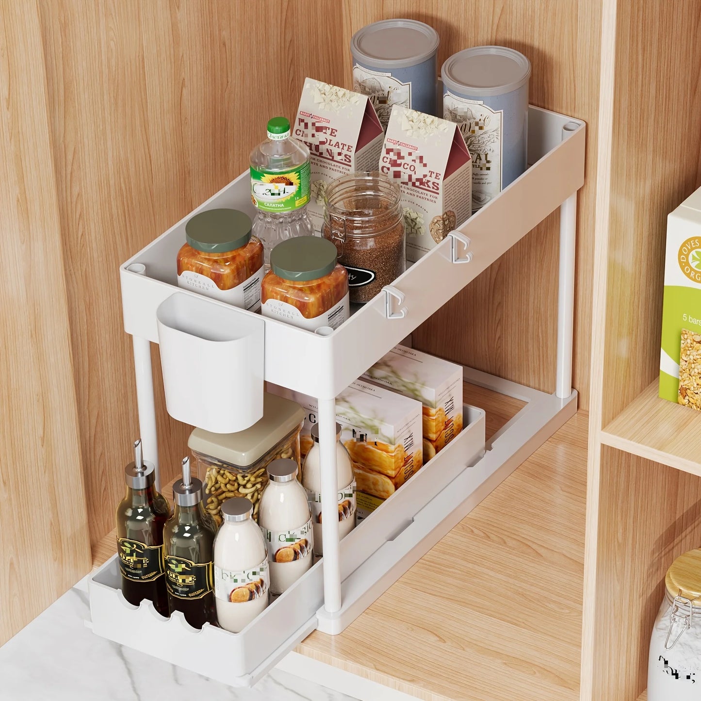 Two Tier Sliding Cabinet Organizer for Kitchen and Bathroom