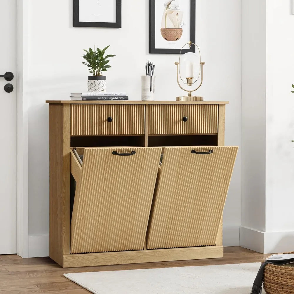 Double Tilt Out Laundry Basket Cabinet With Drawer