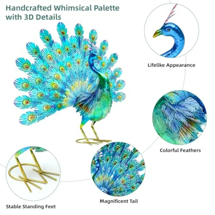 Metal Peacock Garden Statue With Tail Spread Handmade 3D Textured