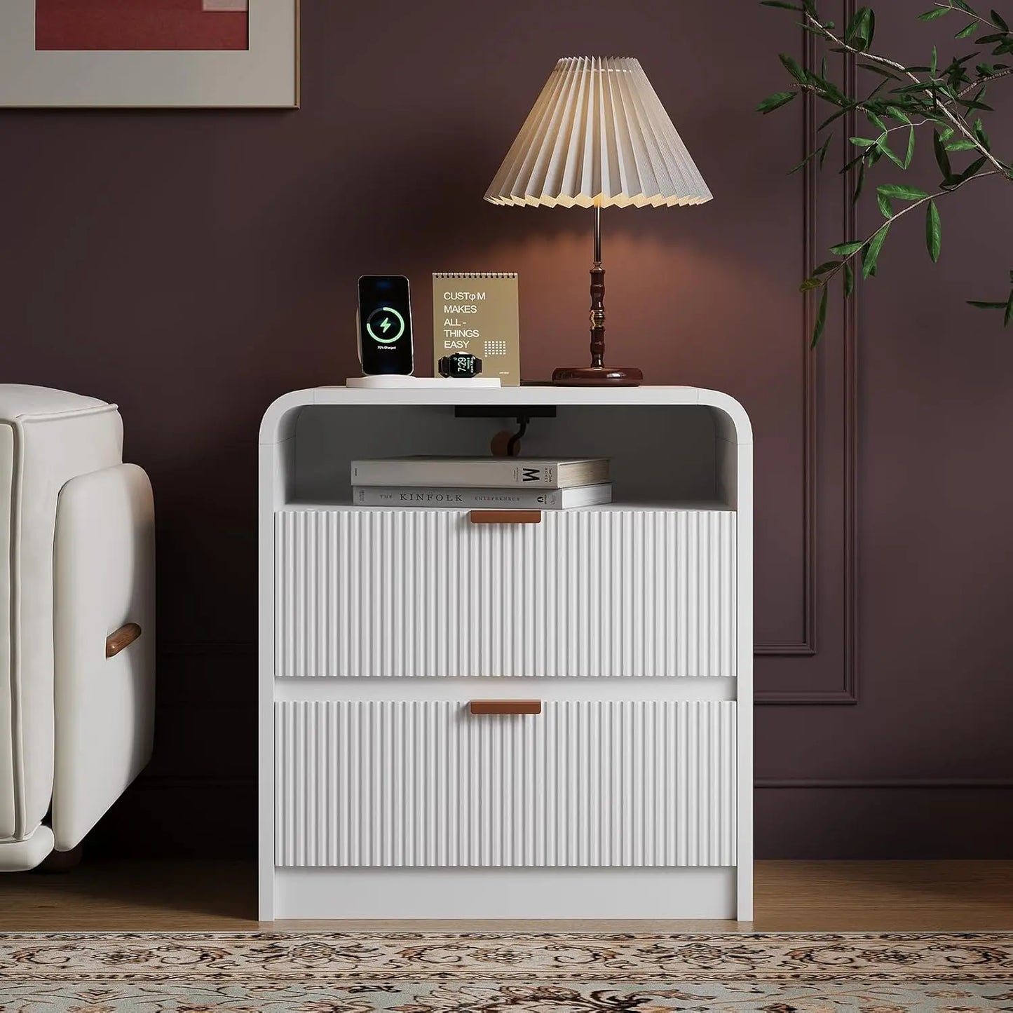 MOYU Fluted Nightstand With Charging Station And Two Drawers