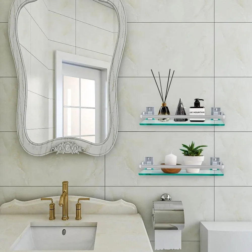 2-Pack Tempered Glass Bathroom Shelf With Rail Wall Mounted Shower Caddy