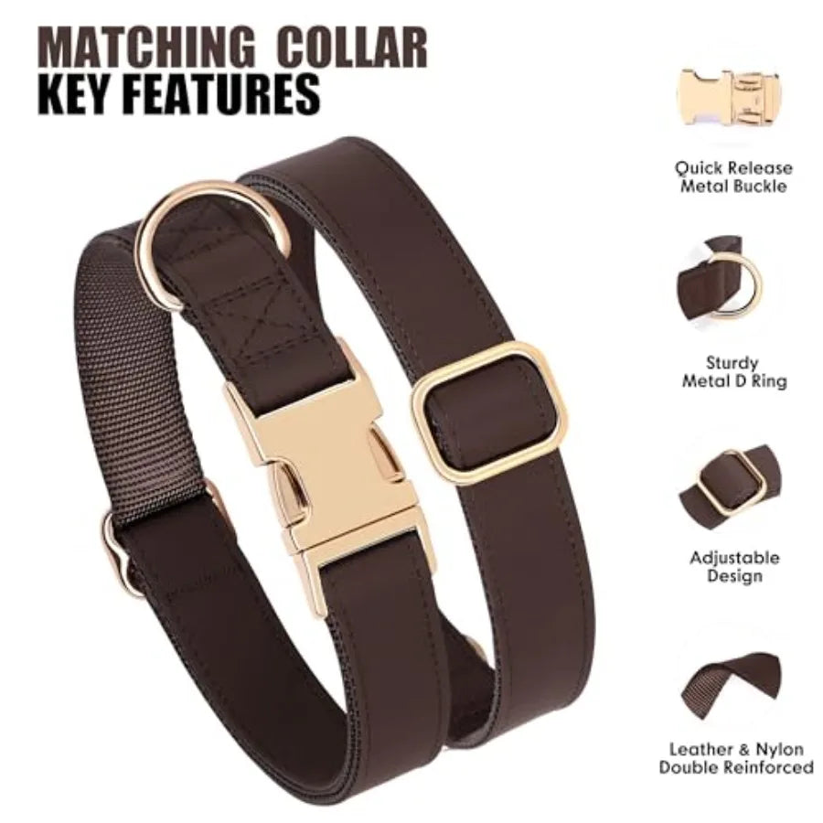 PU Leather Dog Collar Harness Leash Set Poop Bag Holder