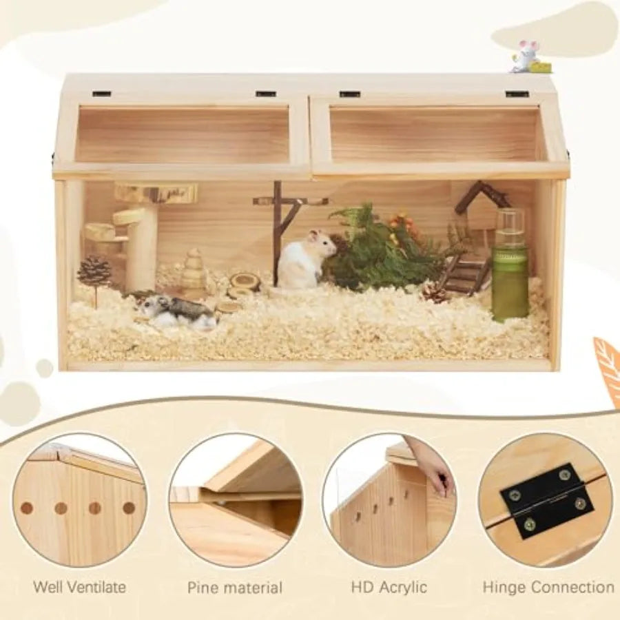 NONECN Wooden Guinea Pig Cage With Transparent Acrylic Panel For Small Animals