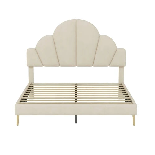 3 Piece Velvet Upholstered Bed Frame With Petal Headboard And Nightstands