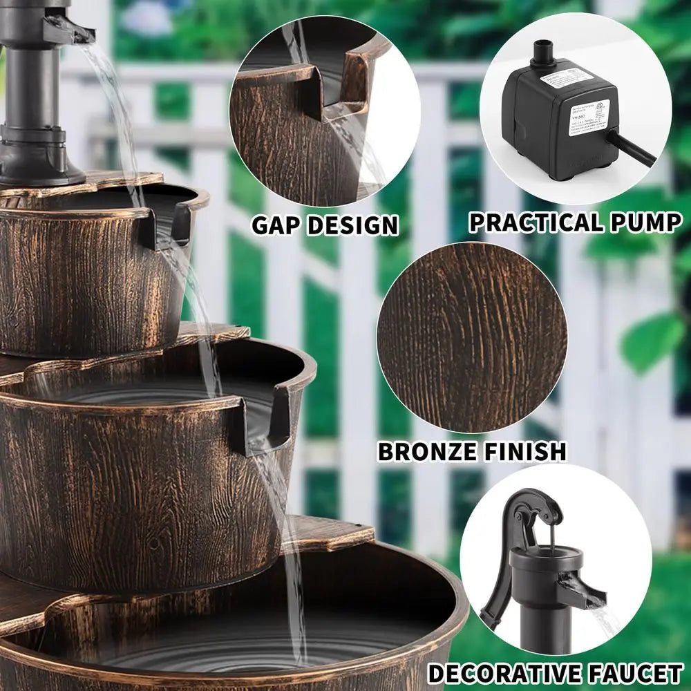 40-Inch 3 Tier Barrel Waterall ountain Outdoor Water ountains Barrel Wood 3-Tier reestanding Rustic Pump or Garden Patio Backyar