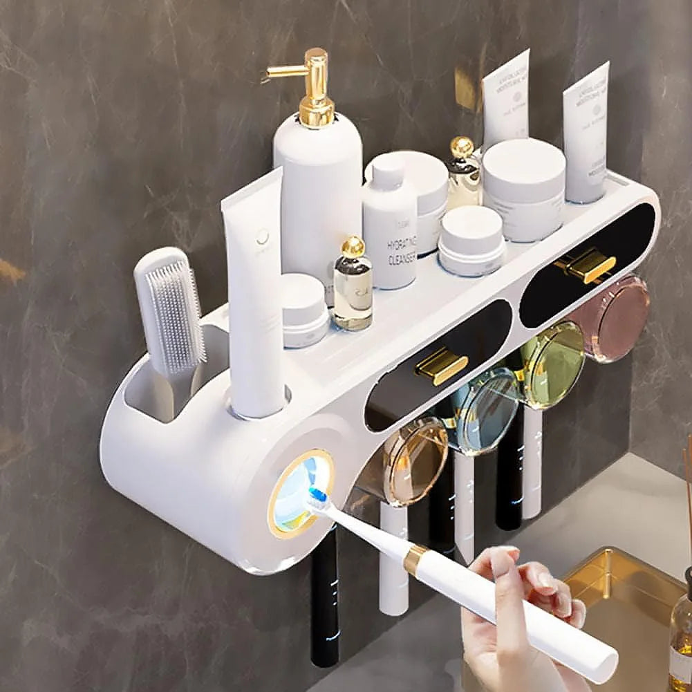 Toothbrush Holder With Automatic Toothpaste Dispenser And Bathroom Storage