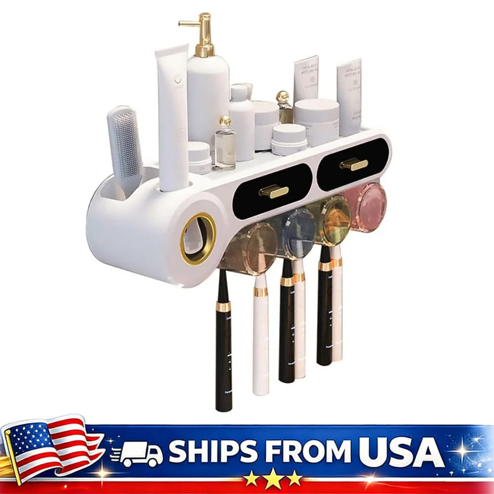 Toothbrush Holder With Automatic Toothpaste Dispenser And Bathroom Storage