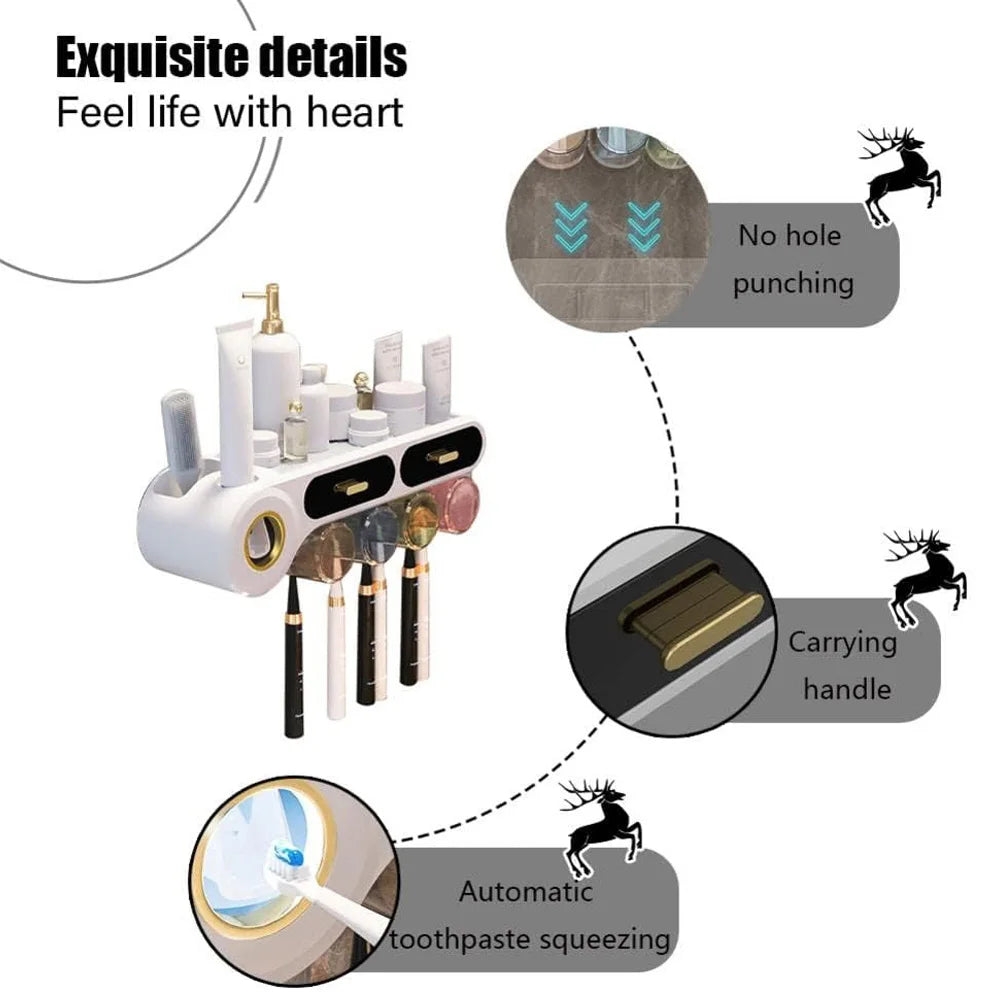 Toothbrush Holder With Automatic Toothpaste Dispenser And Bathroom Storage