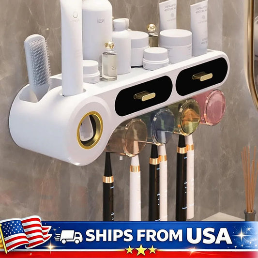 Toothbrush Holder With Automatic Toothpaste Dispenser And Bathroom Storage