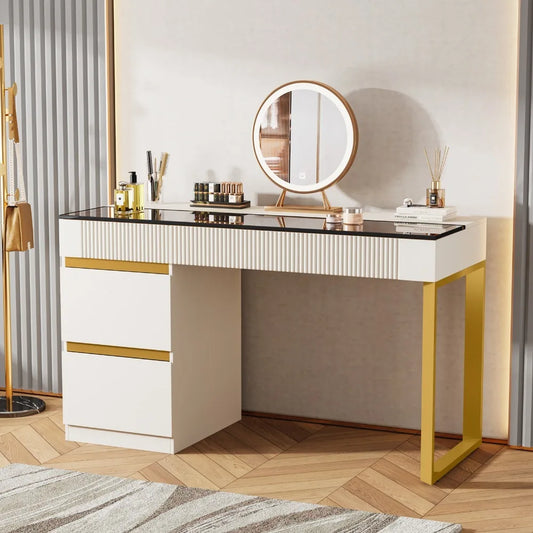 White Vanity Desk With Glass Top And Four Drawers Storage