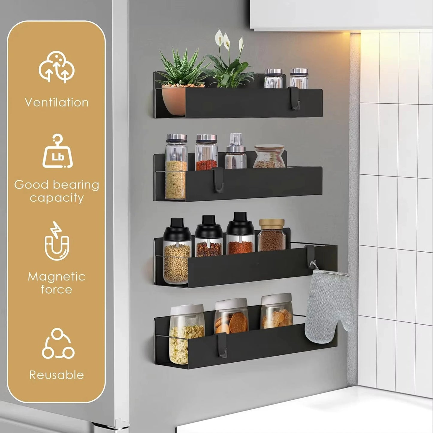 Magnetic Spice Rack Organizer, 4 Pack for Refrigerator and Oven