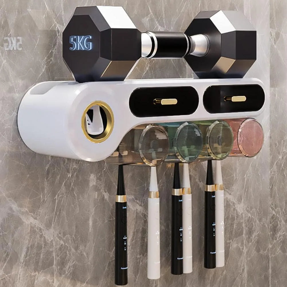 Toothbrush Holder With Automatic Toothpaste Dispenser And Bathroom Storage