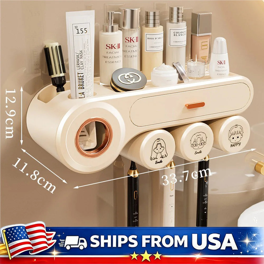 Toothbrush Holder With Automatic Toothpaste Dispenser And Bathroom Storage