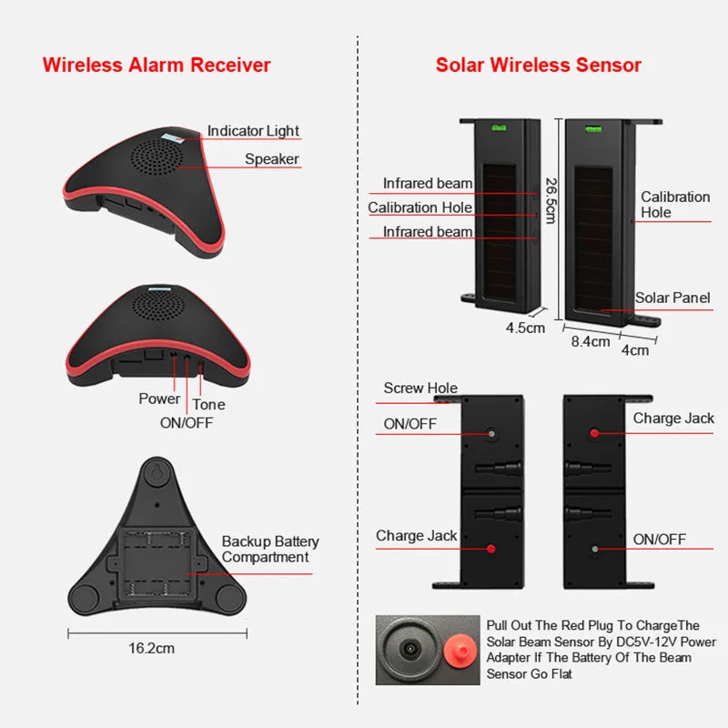 HTZSAFE Solar Beam Sensor Driveway Alarm System Wireless Range