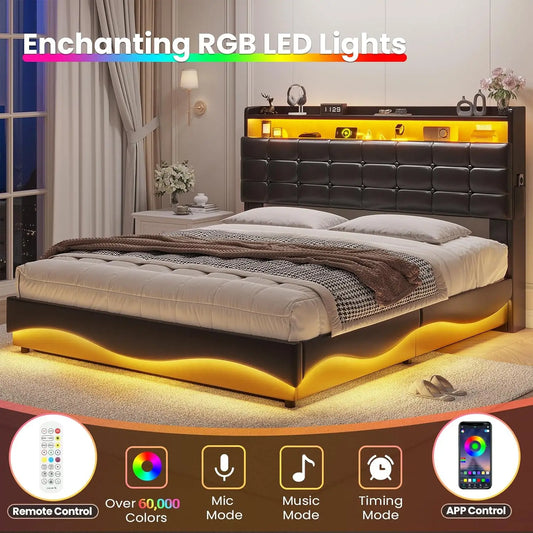 Lift Up Storage Bed Frame With Hidden Headboard Type-C Charging