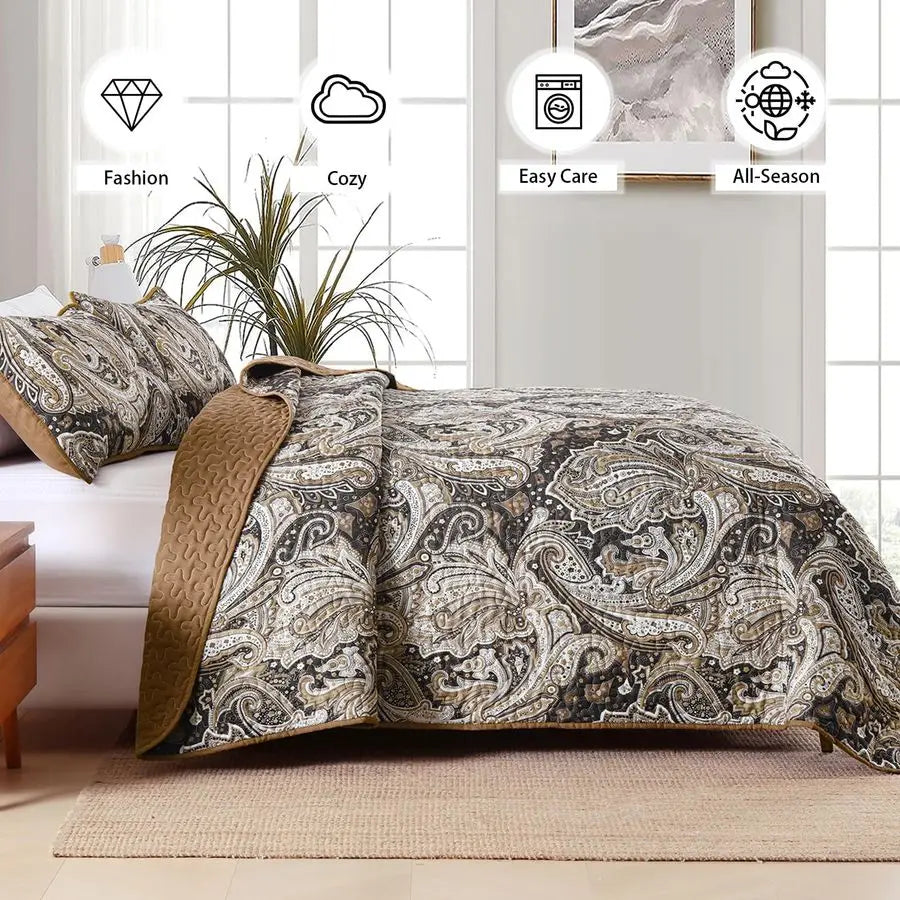 Paisley Quilt Set Boho Bedspread Coverlet Three Piece Cotton