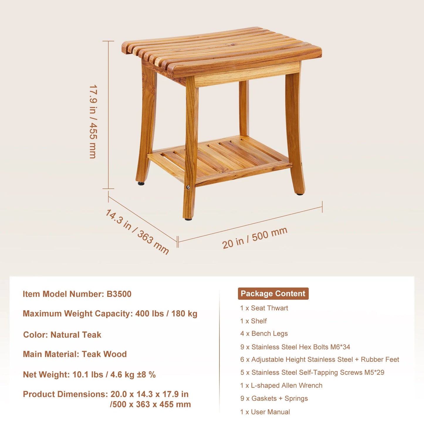 SucceBuy Bamboo Shower Bench With Storage Shelf 330lbs Capacity