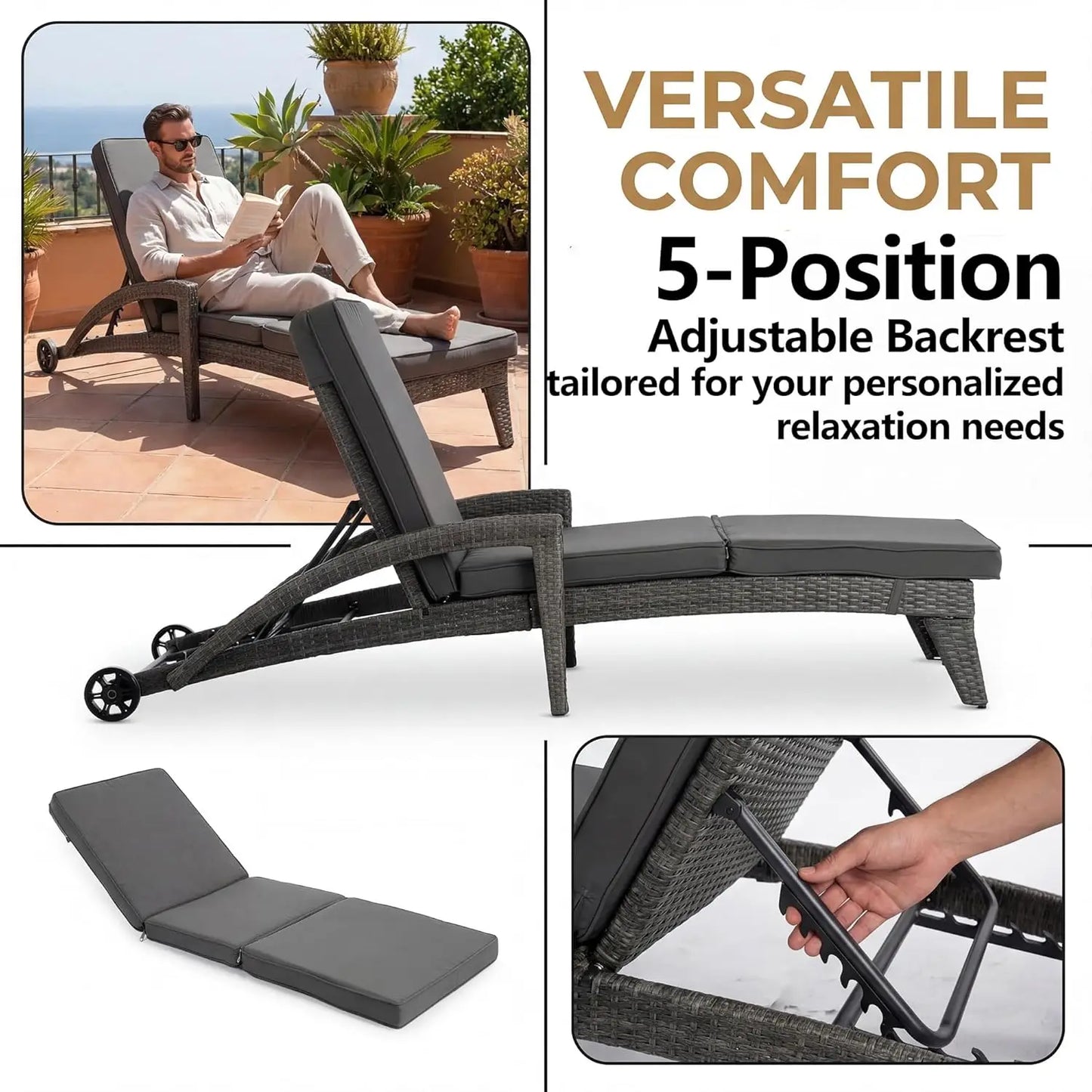 Four Position Adjustable Chaise Lounge Set With Wicker Chairs