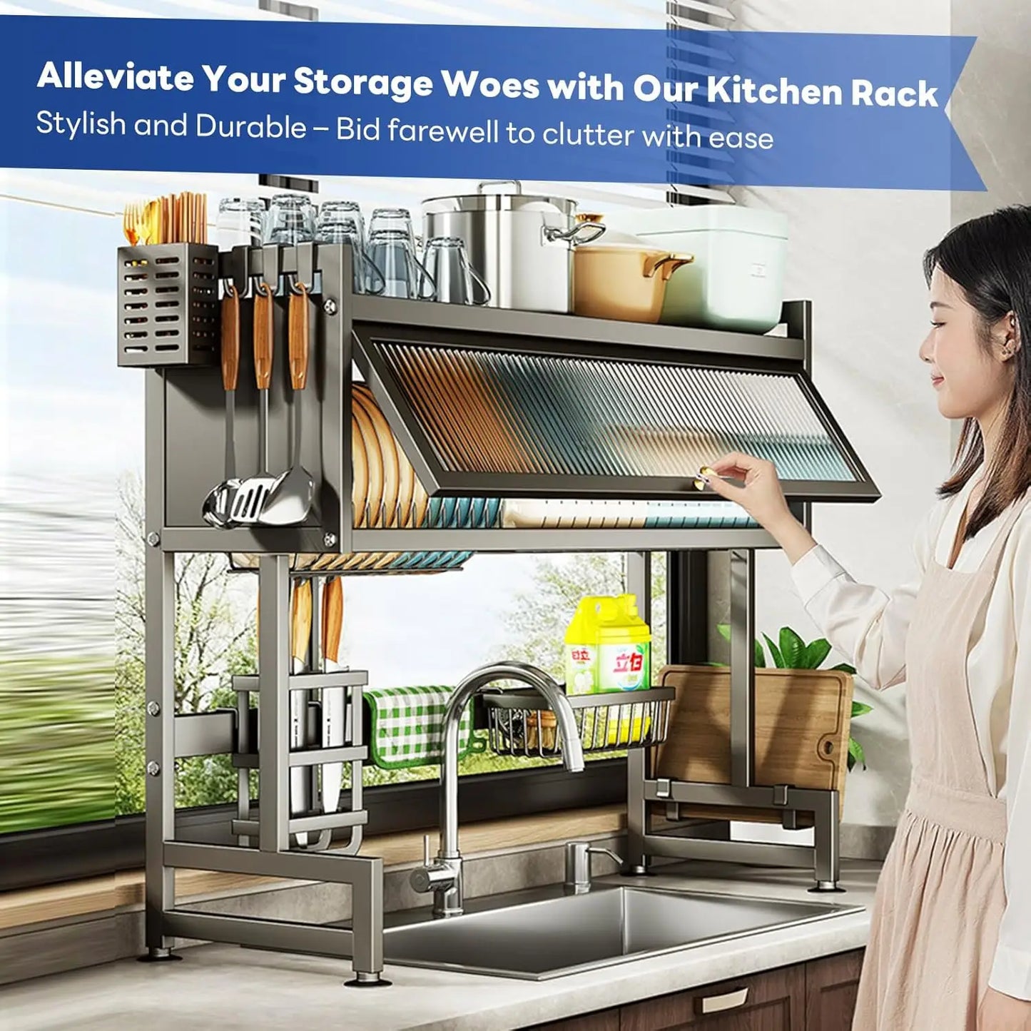 Over The Sink 3-Tier Dish Drying Rack With Cover Durable