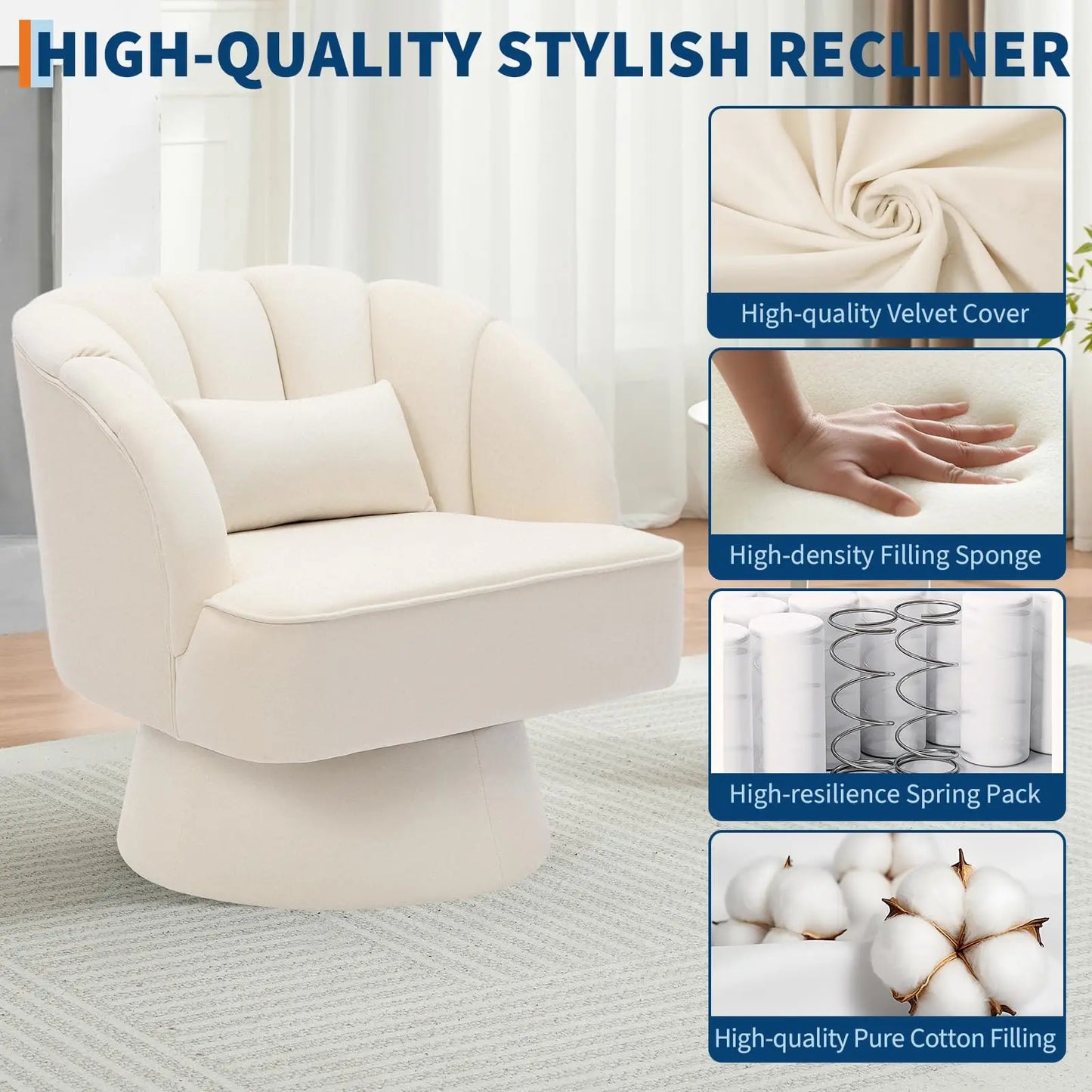 HiMISS Velvet Swivel Barrel Chair With Plush Padding Striped Backrest