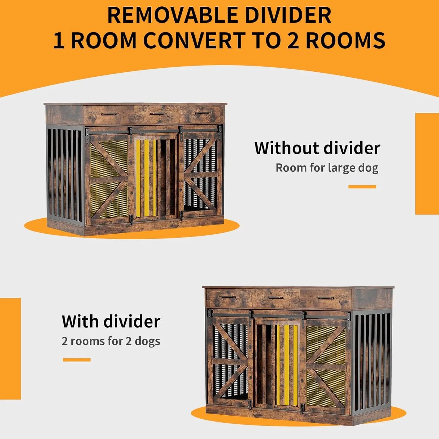 Kepptory 2-In-1 Convertible Wooden Dog Crate With Divider And 3-Drawer