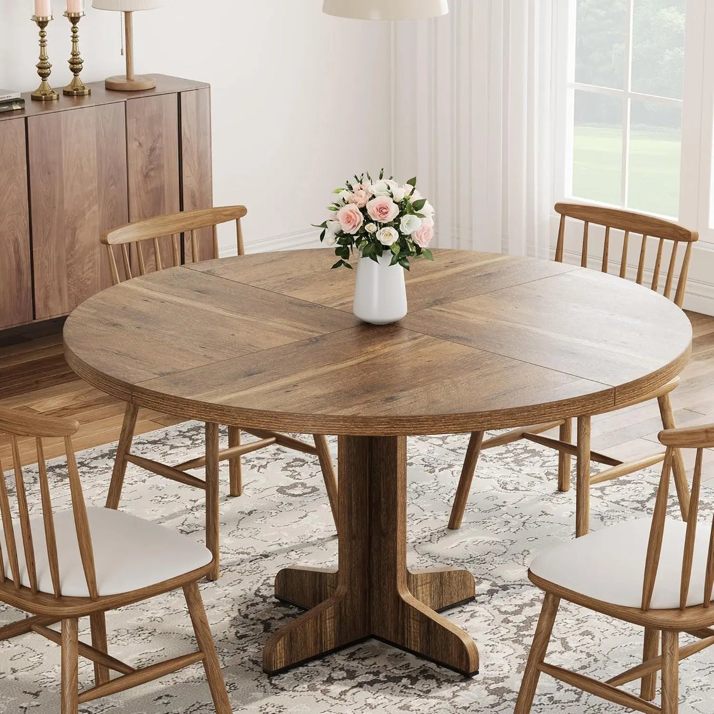 Studyset Farmhouse Round Dining Table With Wood Top And Stable Base
