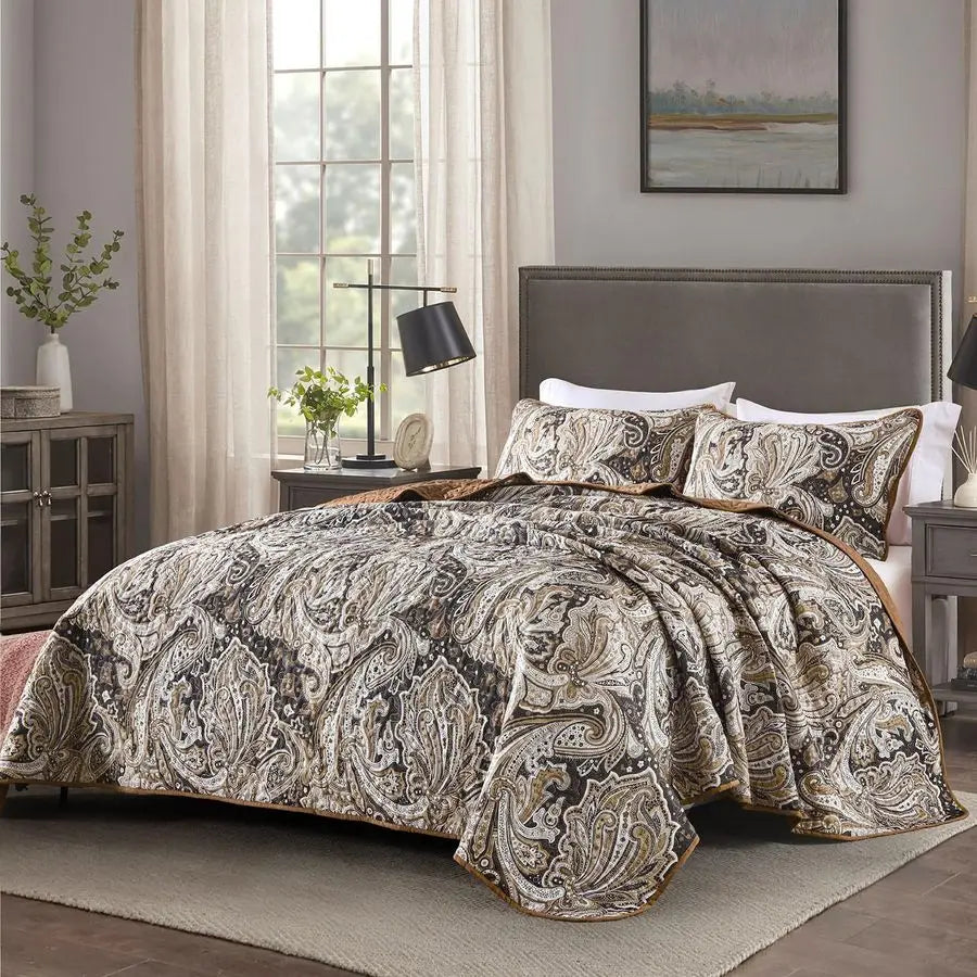 Paisley Quilt Set Boho Bedspread Coverlet Three Piece Cotton