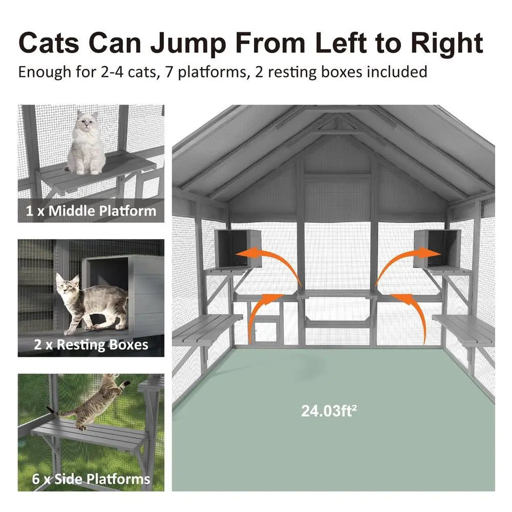 Cat Catio Large Outdoor Enclosure With 7 Tiered Platforms And 2 Resting Boxes