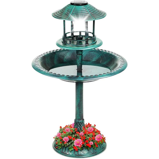 Solar Powered Outdoor Bird Bath Resin Pedestal Fountain Garden Decor