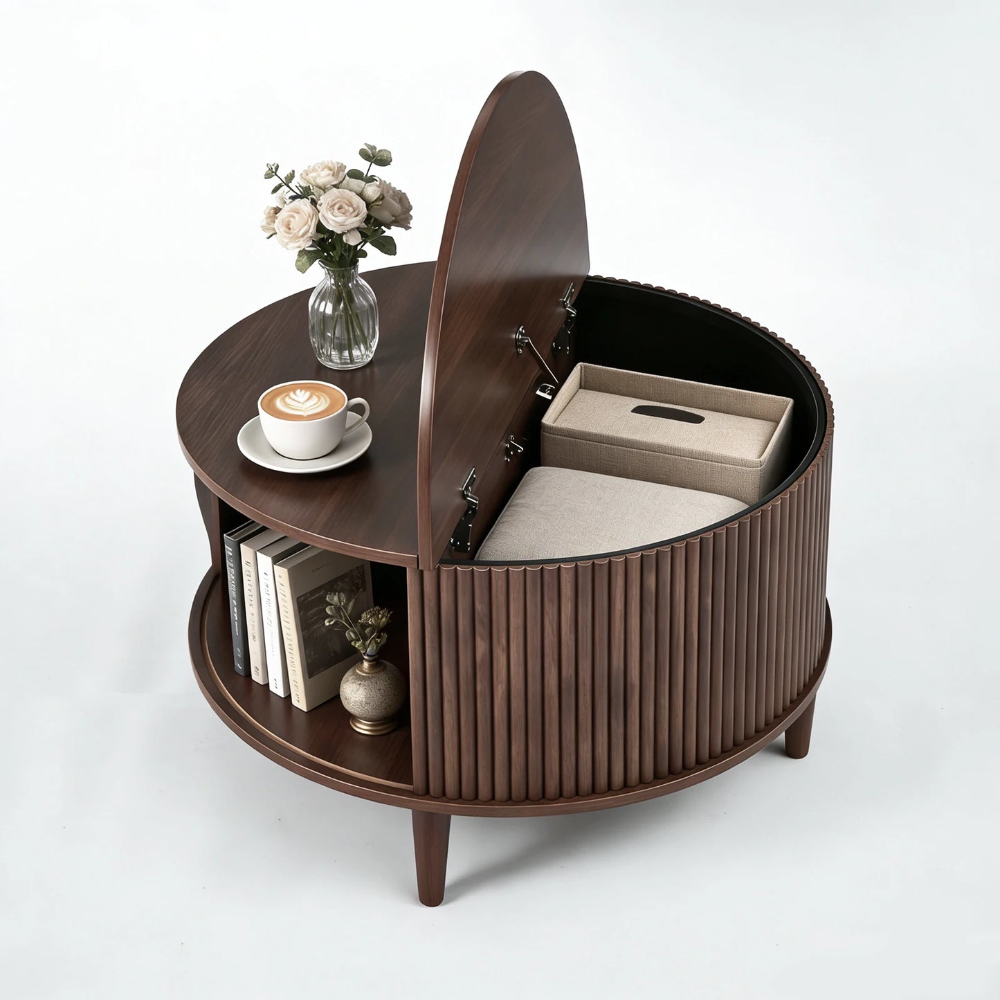 JHK Round Coffee Table With Flip Top Storage Sturdy Wood