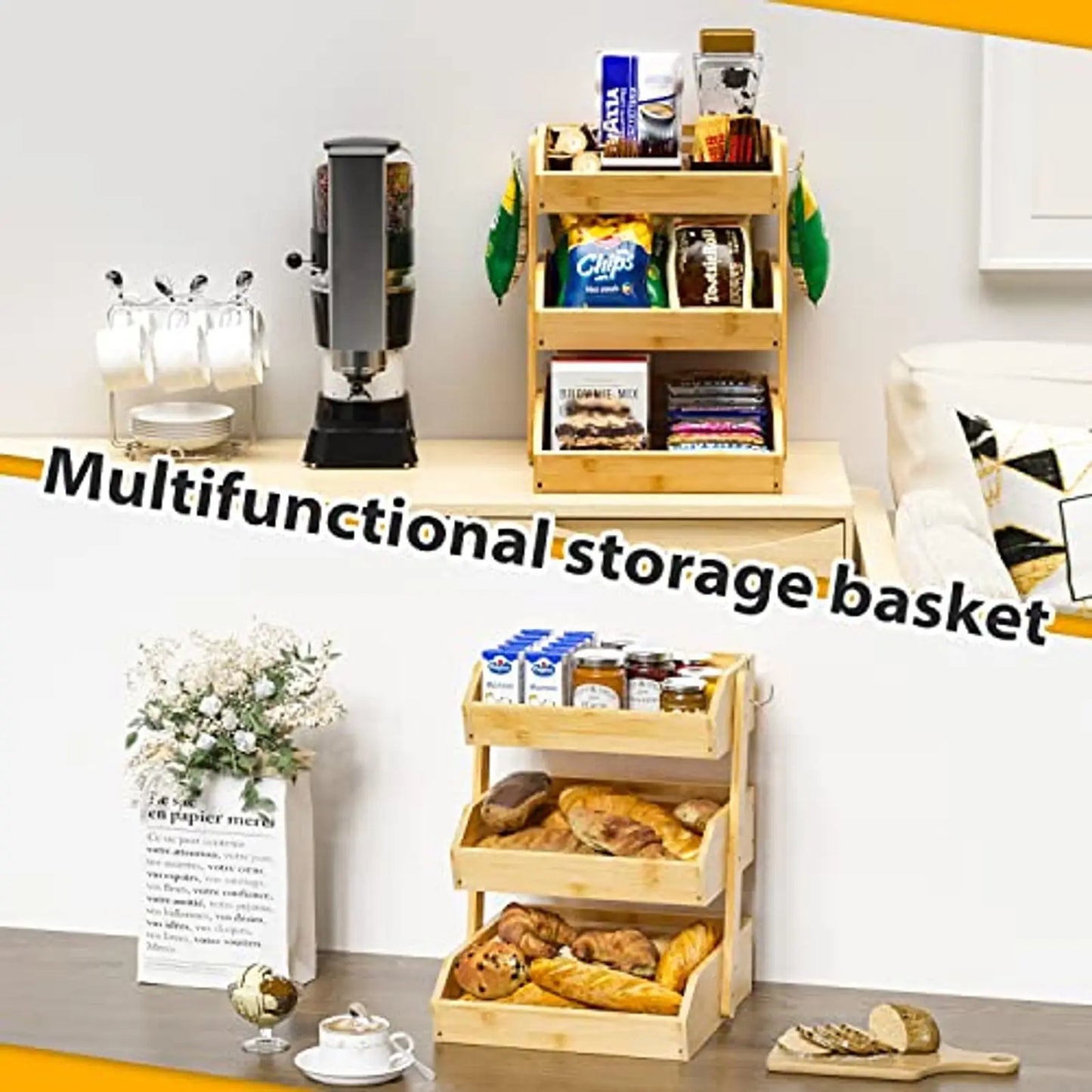 Bamboo 3-Tier Fruit Basket With Banana Hangers For Kitchen