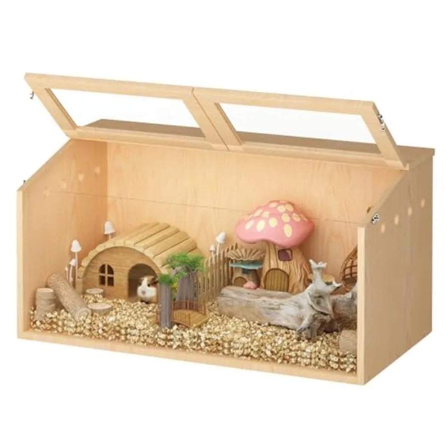 NONECN Wooden Guinea Pig Cage With Transparent Acrylic Panel For Small Animals