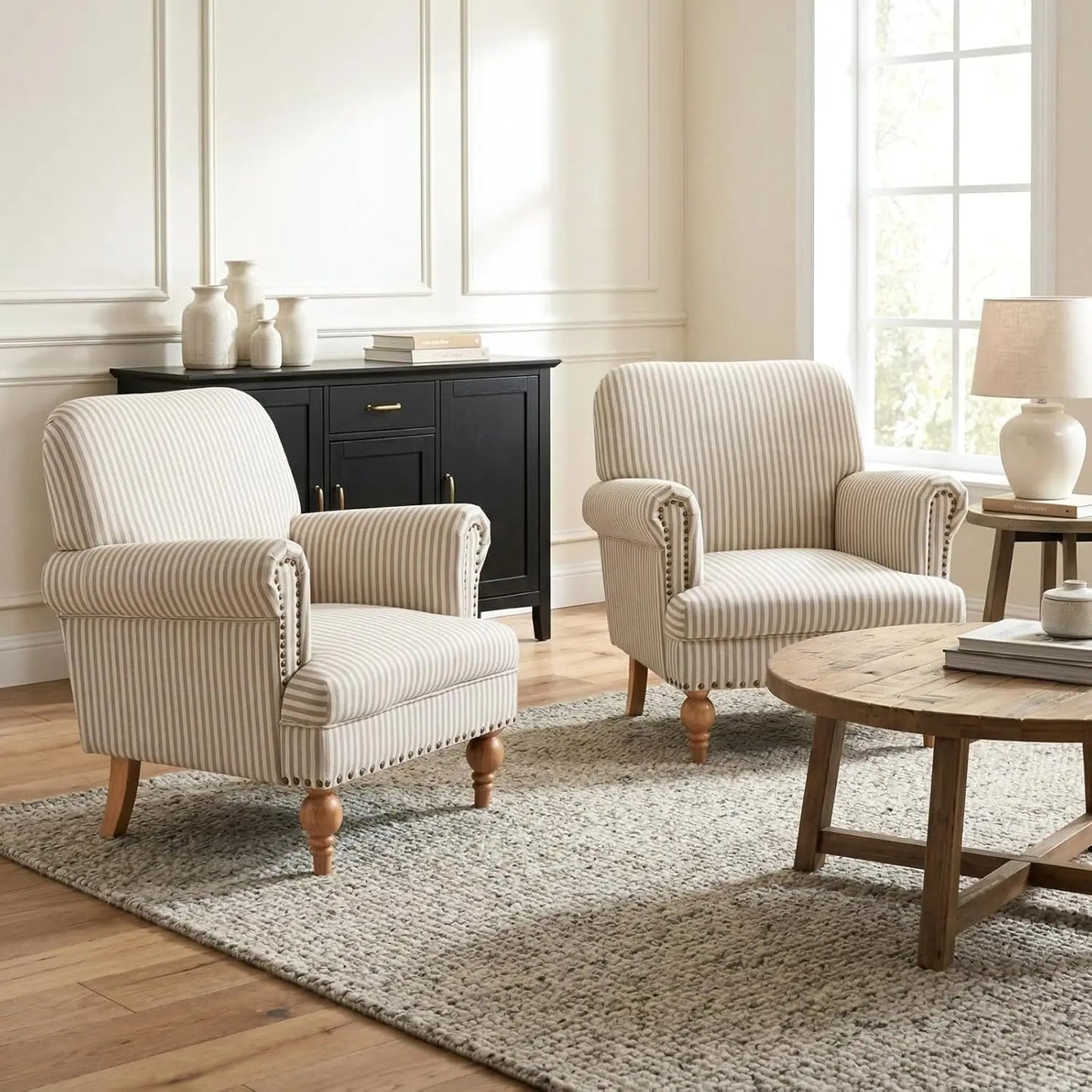 Striped Linen Accent Chairs Set of 2 Modern Farmhouse Upholstered Armchairs