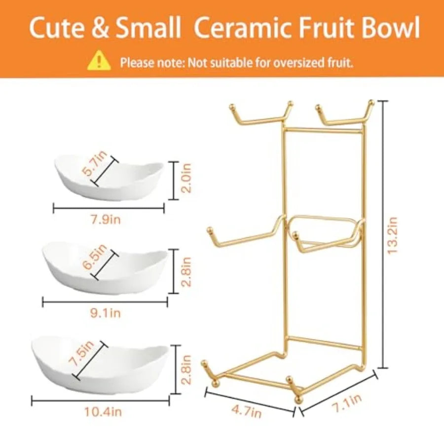 Ceramic Three-Tier Fruit Bowl With Metal Stand For Countertop