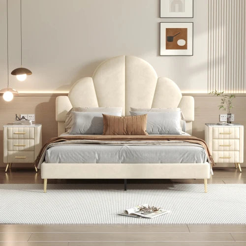3 Piece Velvet Upholstered Bed Frame With Petal Headboard And Nightstands