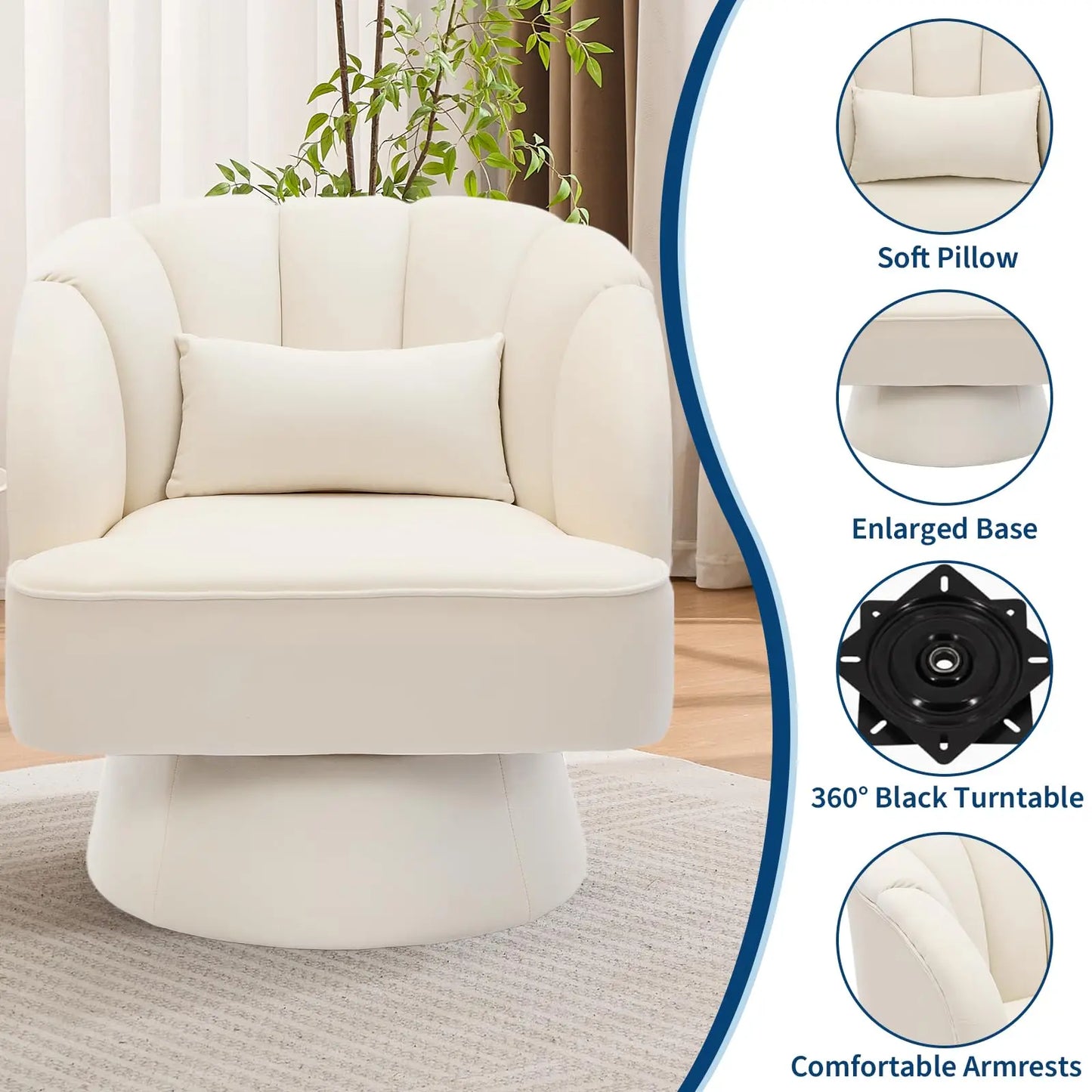 HiMISS Velvet Swivel Barrel Chair With Plush Padding Striped Backrest