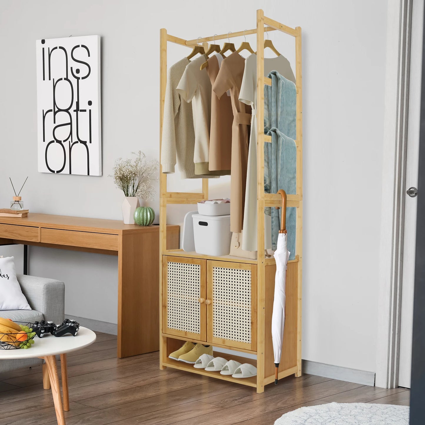 Free-Standing Bamboo Clothes Rack With Cabinet And Shelves